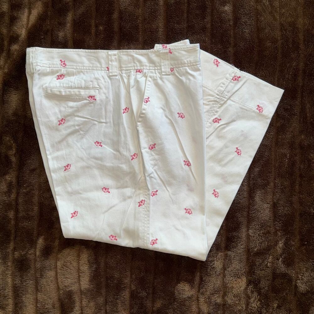 J. Crew 12 Women's 100%‎ Cotton White Chino Pants with Embroidered Pink Turtles